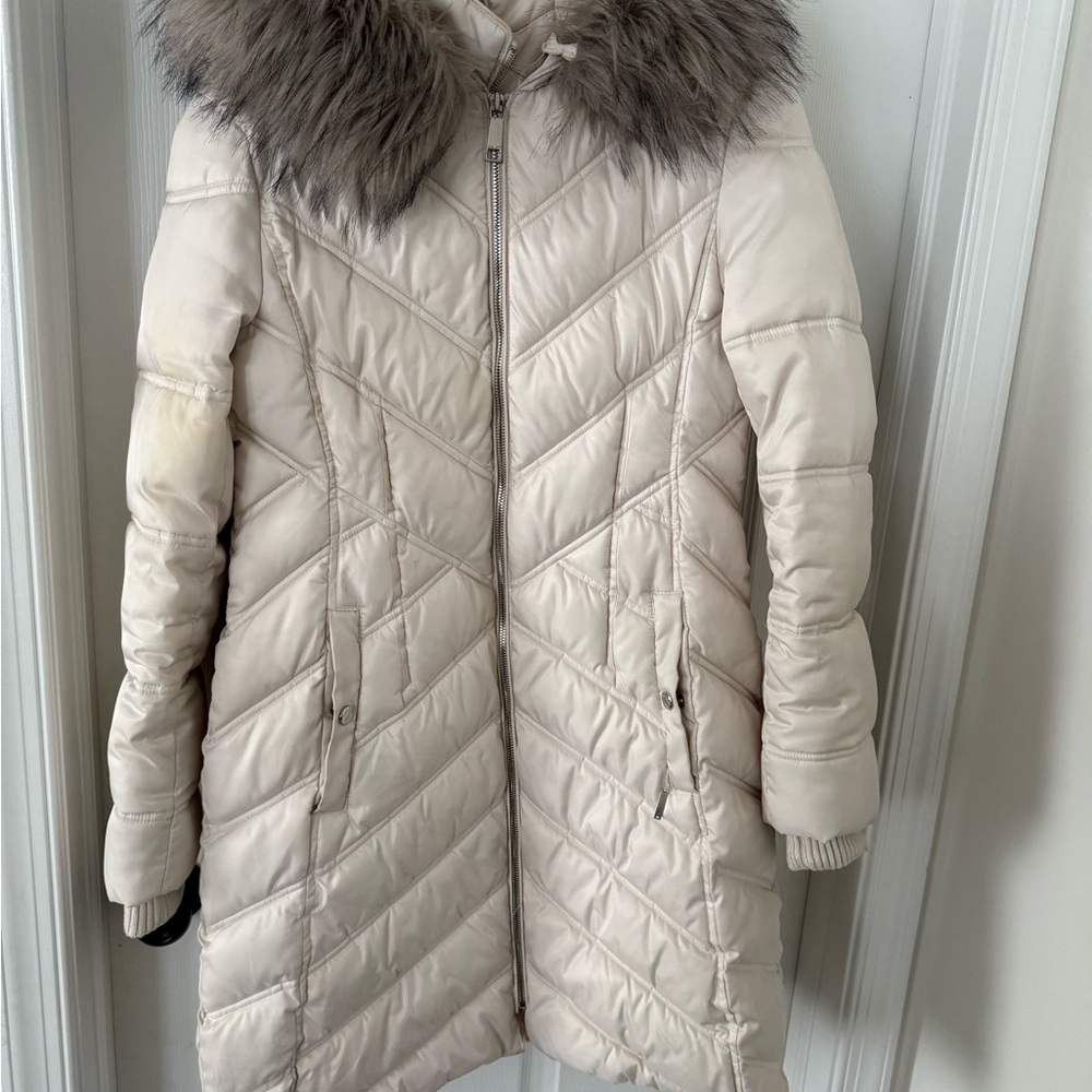 Nine West Women's Cream Quilted Coat with Faux Fur Collar